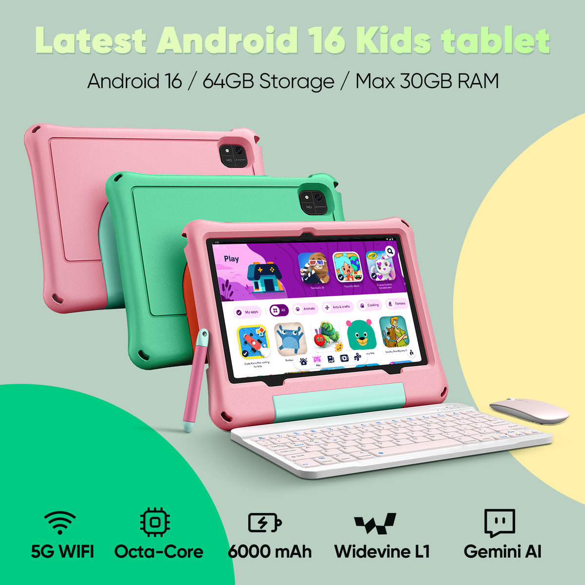 Kids Tablet, Android 16 Tablet for Kids 10 inch Octa-Core 2.2GHz with Case, 30GB RAM 64GB ROM, 2TB Expand, Parental Control, Dual Camera, BT, WiFi, with Keyboard Mouse Stylus, Gift (Pink)