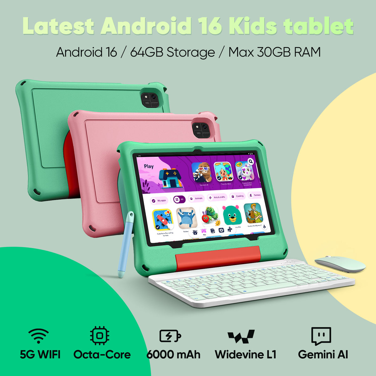 Kids Tablet, Android 16 Tablet for Kids 10 inch Octa-Core 2.2GHz with Case, 30GB RAM 64GB ROM, 2TB Expand, Parental Control, Dual Camera, BT, WiFi, with Keyboard Mouse Stylus, Gift (Pink)