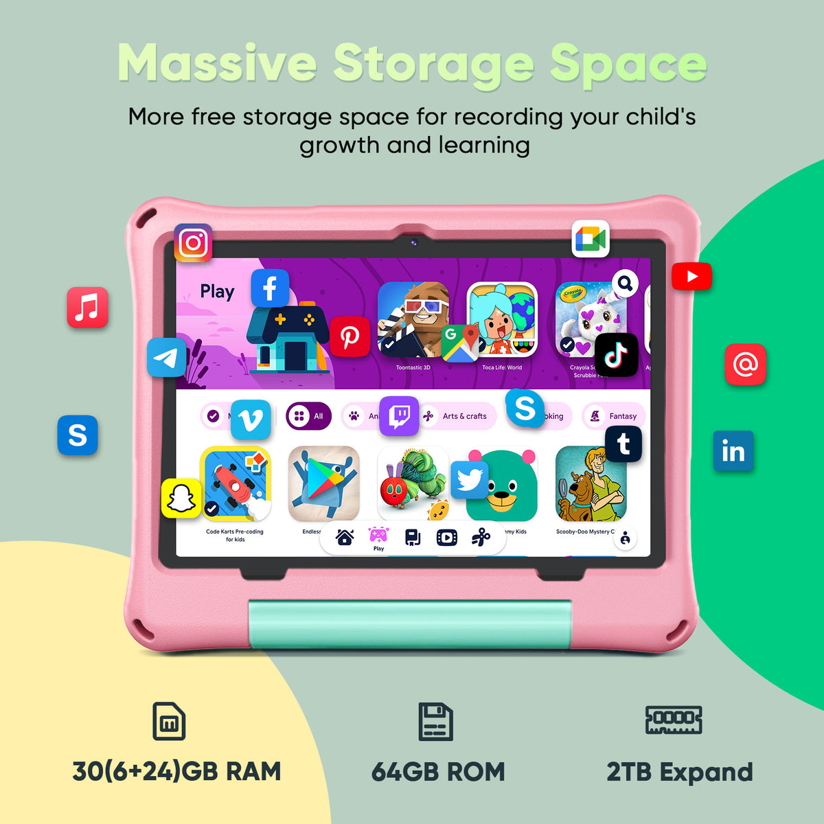 Kids Tablet, Android 16 Tablet for Kids 10 inch Octa-Core 2.2GHz with Case, 30GB RAM 64GB ROM, 2TB Expand, Parental Control, Dual Camera, BT, WiFi, with Keyboard Mouse Stylus, Gift (Pink)